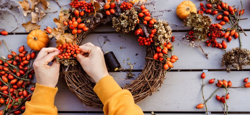 Girl,Making,Floral,Autumn,Door,Wreath,Using,Colorful,Rosehip,Berries,